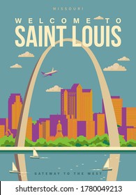 Welcome to Saint Louis, Missouri on a travel poster in vintage design with a retro palette