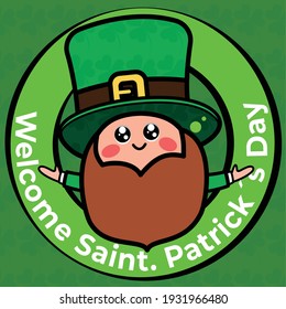 Welcome saint patricks day card with irish elf cartoon - Vector