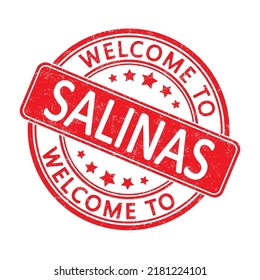 Bienvenido a SALINAS. Impresión de un sello redondo con una escoria. Estilo plano