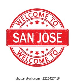 Bienvenue à San José. Impression d'un timbre rond avec une coupe. Style plat