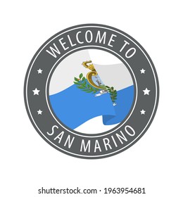 Welcome to San Marino. Gray stamp with a waving country flag. Collection of welcome icons.