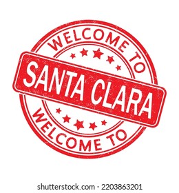 Welcome to SANTA CLARA. Impression of a round stamp with a scuff. Flat style