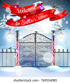 Welcome to Santa's house. Christmas design with iron gates and lanterns.