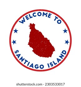 Welcome to Santiago Island stamp. Grunge round stamp with texture in Smalt color theme. Vintage style geometric Santiago Island seal. Elegant vector illustration.