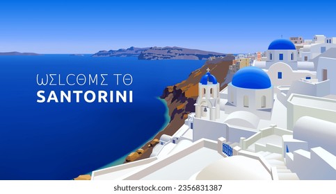 Bienvenido a la tarjeta de felicitación Santorini pseudo 3D panorámica de la hermosa costa de Santorini en verano, Grecia, Mar Mediterráneo. Ilustración del vector