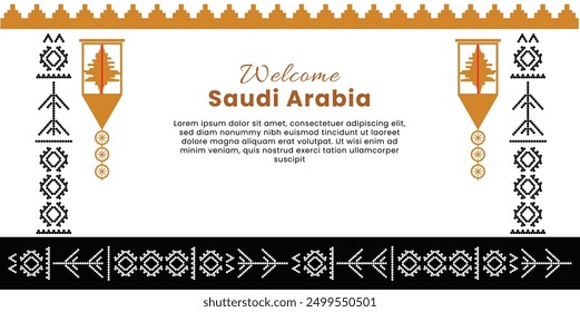 Welcome to Saudi Arabia Banner - Traditional Saudi Arabian Decorative Patterns and Architectural Elements for Cultural Promotion