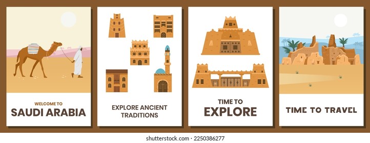 Welcome to Saudi Arabia vector cards set. Authentic traditional architecture, desert landscape, castles and sightseeing.