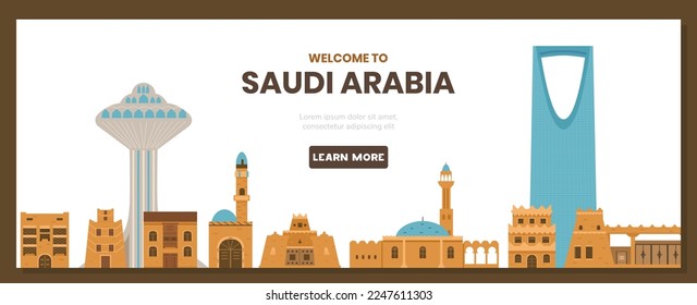 Welcome to Saudi Arabia vector horizontal banner with traditional and modern buildings. 