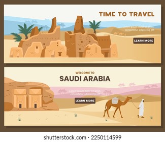 Welcome to Saudi Arabia vector horizontal banners with ancient tombs and buildings, and desert landscape at the background. 