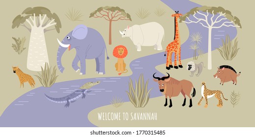 Welcome to the Savannah banner. Vector illustration with river, african animals and plants. Cartoon images in flat style.