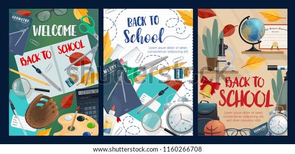 Welcome to school autumnal posters with fall
leaves and stationery. Notebooks and pencils, brush and palette,
calculator and baseball glove, glasses and alarm clock, basketball
and backpack vector