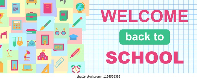 welcome to school banner with education supplies colorful style such us bag, bus, book, phone, pen, chalkboard on checkered background for poster, party, super sale offer. vector Illustration 10 eps