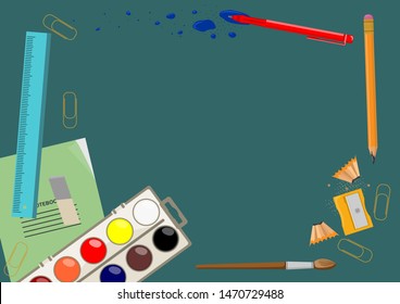Welcome to school. Blackboard with school items and items. Vector illustration banner.