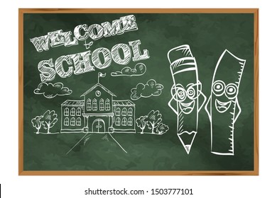 Welcome To School. Welcome To School. A Blackboard With Pencils And School Building. Drawing On The Education Theme.