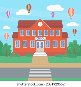 Welcome to school. School building against the backdrop of green bushes, trees, and a hot air balloons. Education concept. Vector flat illustration.