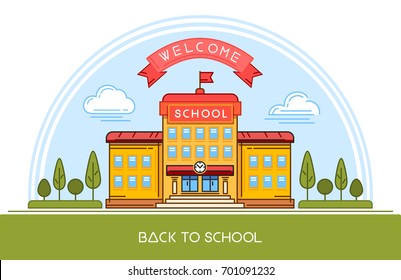 Welcome To School Building Line Logo Design. Back To School. Vector Illustration