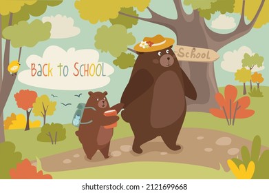 Welcome to school concept background. Cute animals studying and going to lessons. Rabbit and squirrel greet raccoon, students with backpacks stand by bus. Vector illustration in flat cartoon design