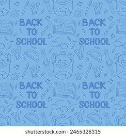 Welcome to the school with school elements, seamless pattern, vector illustration. Seamless "Back to School" pattern. Vector illustration, blue background.