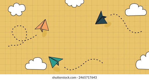 Welcome To School. Flying paper airplanes. Vector cartoon children planes in air. Back to school background drawing. backgrounds for Teacher appreciation day. KnowledgeForAll.