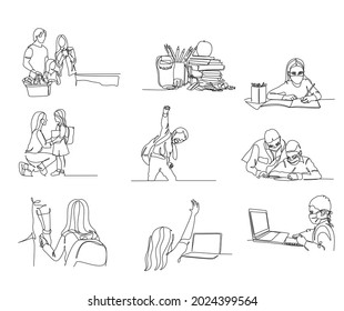 Welcome To School Illustration Line Art. Minimal Vector Set Of  Line Drawing Of Pupils, Kids, Study, Bus, Teacher, Parents