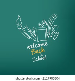 Welcome to school text drawing by colorful chalk on chalkboard with school items and items. Vector illustration poster.