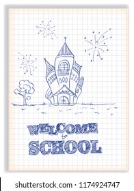 Welcome to school. White background with drawings on the theme of education.