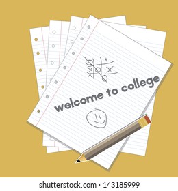 Welcome to school written on leaves detached from notebook paper with pencil and drawing 