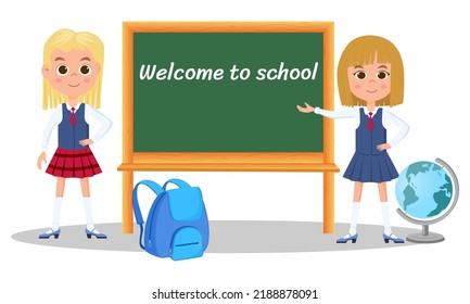 Welcome to the school.Children are getting ready to go to school and are standing near the blackboard .Vector illustration.