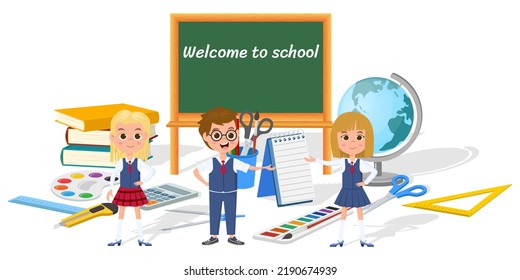 Bienvenidos a la escuela.Niños en el fondo de un conjunto de útiles escolares.Ilustración vectorial.