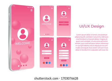 Welcome screen. Login and Register on Screen. Log In and Sign Up UI UX on Smartphone Screen. Login Application with Password Form Window. Vector illustration