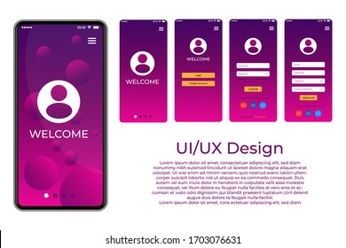 Welcome screen. Login and Register on Screen. Log In and Sign Up UI UX on Smartphone Screen. Login Application with Password Form Window. Vector illustration