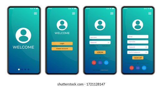 Welcome screen. Login and Register on Screen. Log In and Sign Up UI UX on Smartphone Screen. Login Application with Password Form Window. Vector illustration