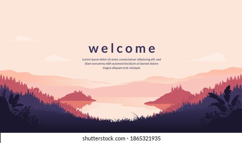 Pantalla de bienvenida con fondo de paisaje natural. Hierba, agua, montañas y espacio para el texto. Ilustración vectorial.