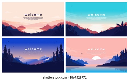 Welcome screen set - Collection of calm vector nature backgrounds with lake, forest and mountains and copy space for text