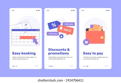 Welcome screens of the flight booking mobile application. Buying plane tickets, discounts and promotions, easy payment. Vector flat illustration.