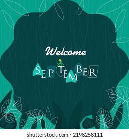 Willkommen im September auf blauem Hintergrund und mit einer Laubdekoration, einem Streifenmuster. Grafische Illustrationen für Social Media, Grußkarten, Poster und mehr