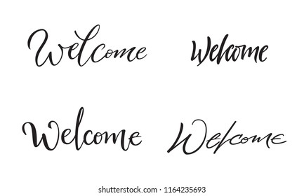 Welcome set of hand written calligraphy stickers. Modern lettering isolated on white background