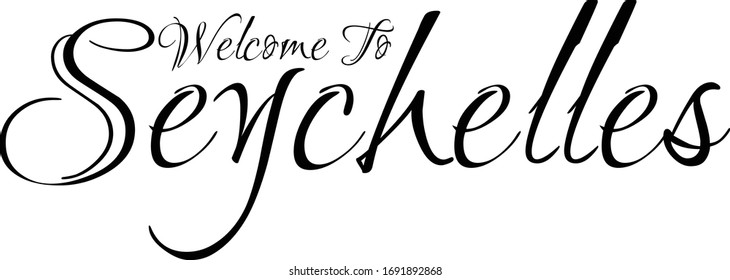 Bienvenidos a Seychelles Creativo texto tipográfico ondulado en cursiva sobre fondo blanco