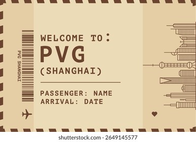 Welcome to Shanghai, China card template. Vector vintage style postcard illustration with airport code, skyline, flight info. Boarding pass, luggage tag style s image layout