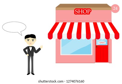 welcome to shop vector illustration. purchase food, gift, drink and other in flat shop. open 24 hours per 7 days. 