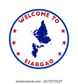 Welcome to Siargao stamp. Grunge island round stamp with texture in Super Rose Red color theme. Vintage style geometric Siargao seal. Trendy vector illustration.