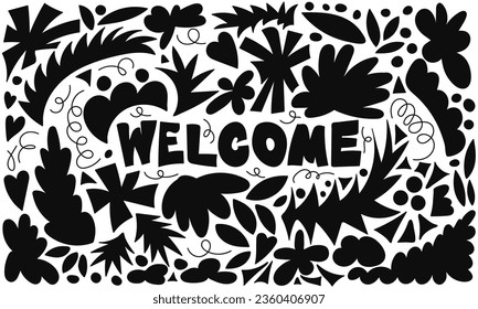 Welcome sign with abstract hand drawn organic shapes background. Modern doodle, line, nature, flower elements. Collection of colorful vector illustrations for print, posters, stickers, apparel