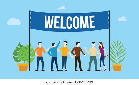 welcome sign board welcomes concept with business team people with big banner on top with green tree plants - vector illustration