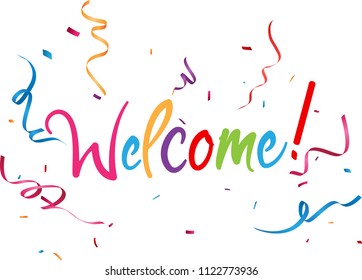 Welcome sign with confetti