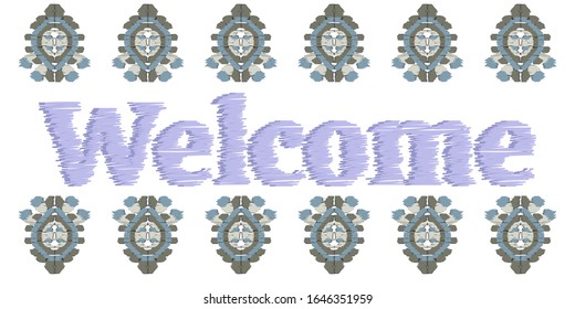 Welcome Sign Design Illustration. Decoration banner invitation in abstract ikat elements.