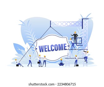 Welcome sign door, many people. Vector illustration