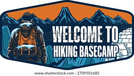 Welcome sign to the hiking basecamp featuring a snow explorer with a backdrop of icy mountains