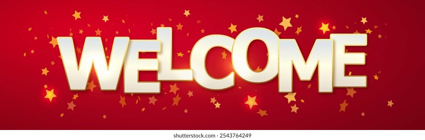 Welcome sign letters with confetti star background. Celebration greeting holiday illustration. Banner star confetti decoration