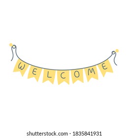 Welcome sign on the hanging flag garland, flat line isolated vector illustration on white. Invite, invitation, celebration sign concept.