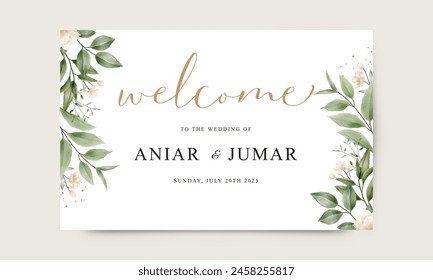 Welcome sign template for wedding with flowers and green leaves